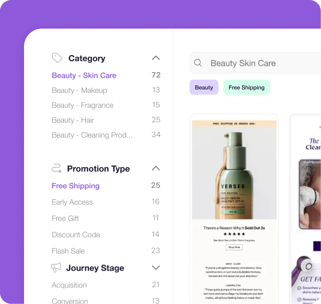 Search and filter interface with category, promotion type, and journey stage facets