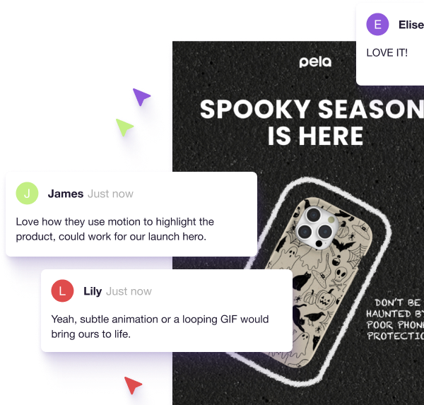 Team members commenting on a brand email with live cursors, Figma-style