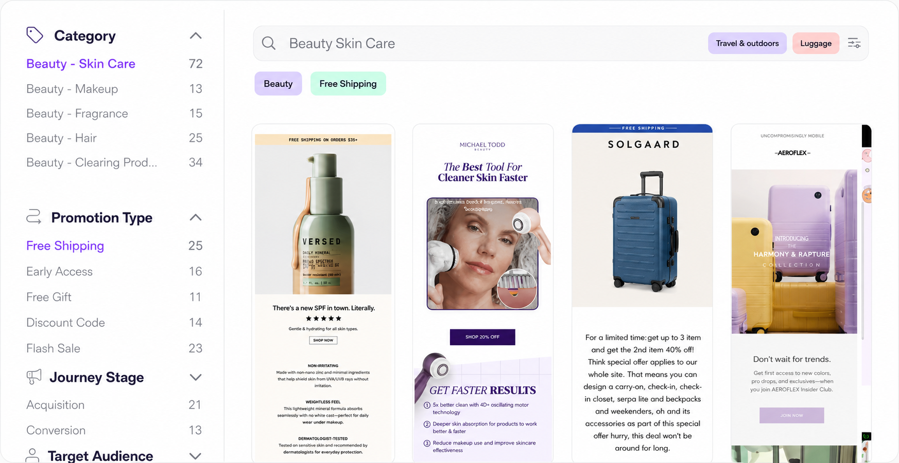 Inboox search interface showing real brand emails with filters for category, promotion type, and journey stage